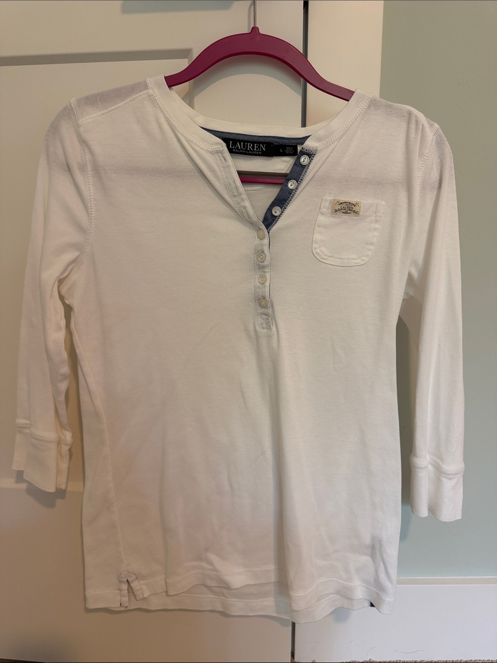 Ralph Lauren White 3/4 Sleeve Tee with Small Pocket Blue Neckline Button Detail
